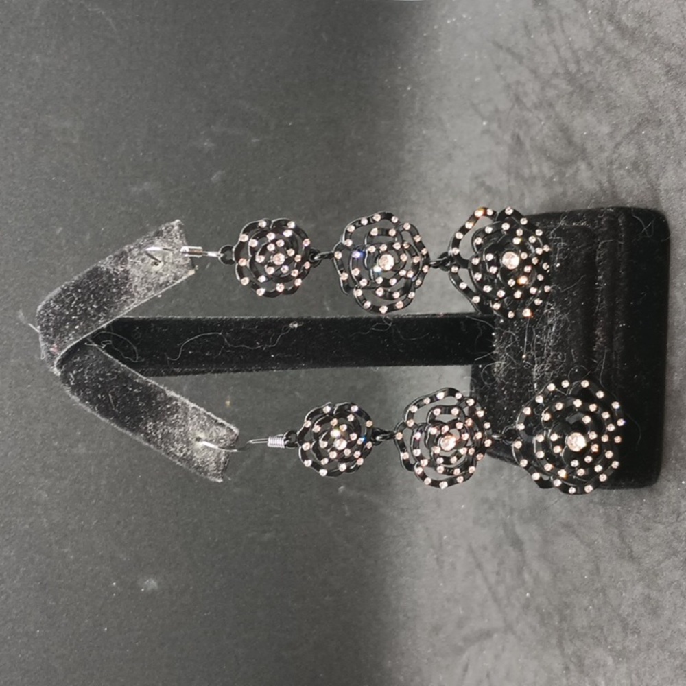 Handmade black white rhinestone rose dangle earrings